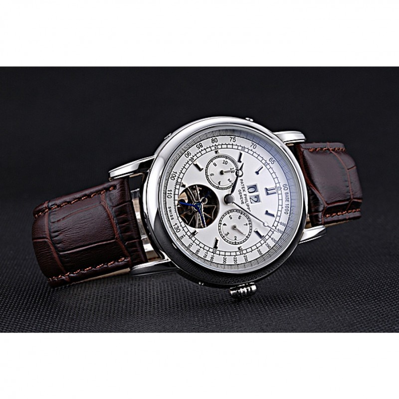 Patek Philippe Geneve Grand Complications White Dial Tourbillon Stainless Steel Bezel Brown Band 622154-3