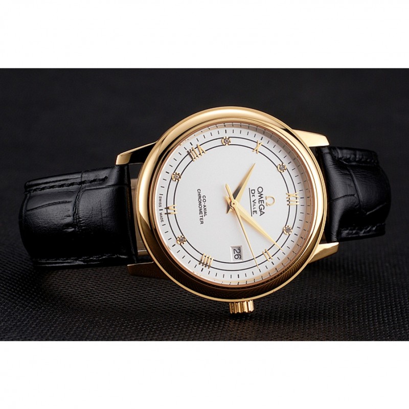Omega De Ville Prestige White Dial Gold Case Black Leather Strap-3