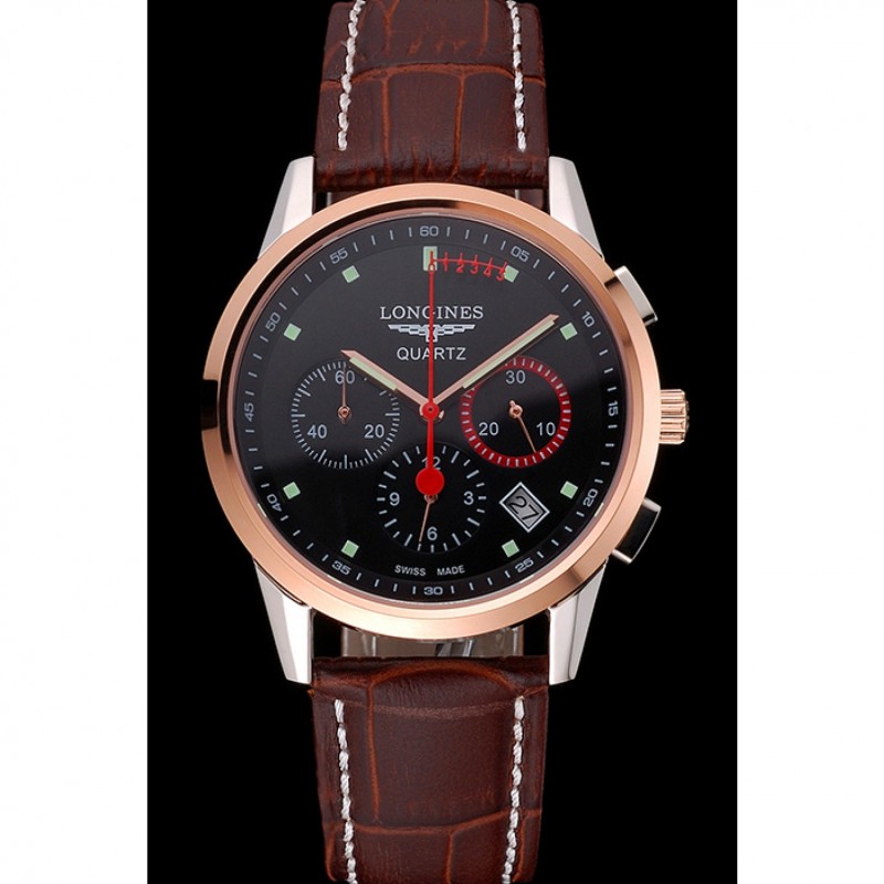 High End Longines Column Wheel Black Dial Two Tone Case Brown Leather Strap-1