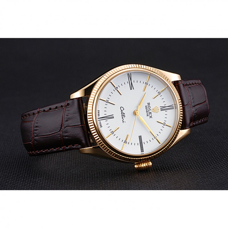 Rolex Cellini White Dial Gold Case Brown Leather Strap 622833-4