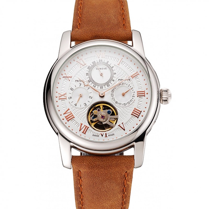 Patek Philippe Grand Complications Day Date Tourbillon White Dial Rose Gold Numerals Stainless Steel Case Brown Suede Leather Strap 1453818-0