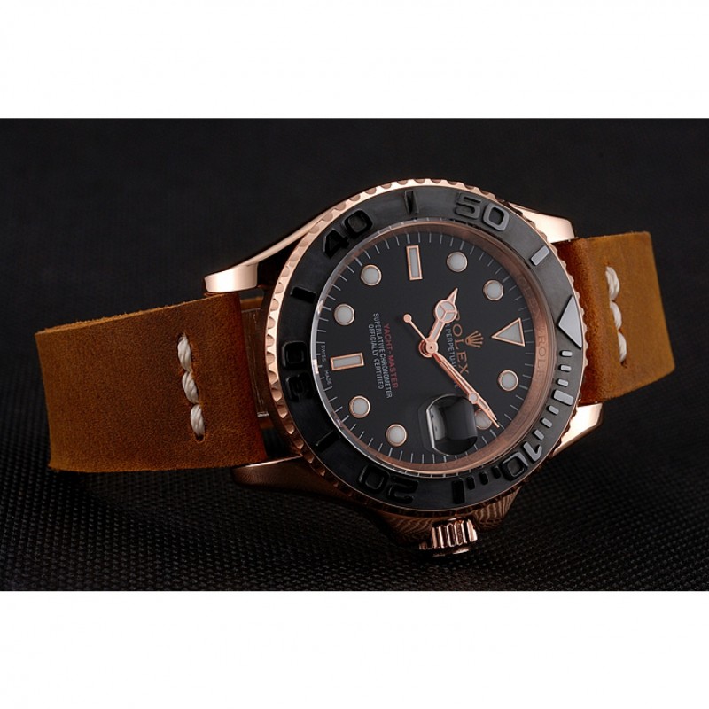 Luxury Replica Watches Rolex Yacht Master Black Dial Rose Gold Case Brown Leather Bracelet 1453861-3