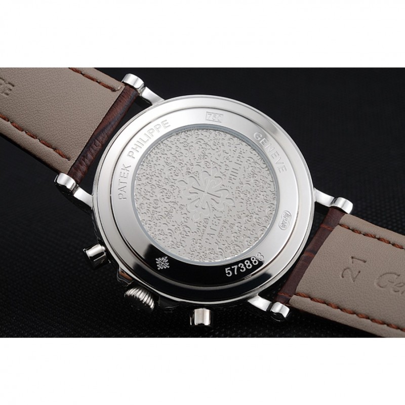 Patek Philippe Grand Complications White Dial Engraved Silver Case Brown Leather Bracelet 1454143-8