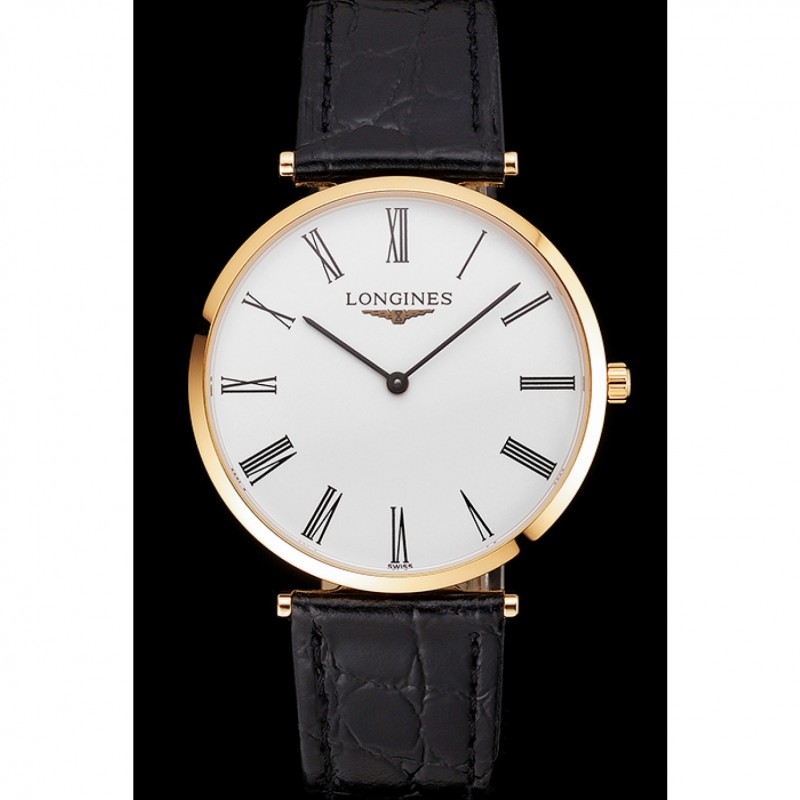 Best Swiss Longines Grande Classique White Dial Roman Numerals Gold Case Black Leather Strap-1