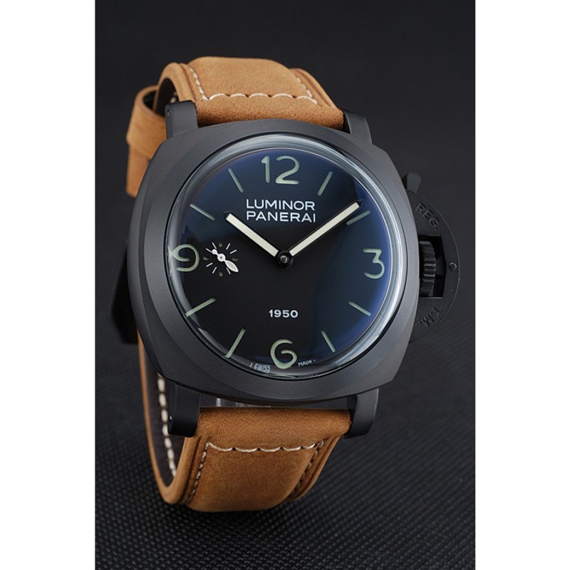 Panerai Luminor Black Ionized Stainless Steel Case Black Dial Brown Suede Leather Strap-2