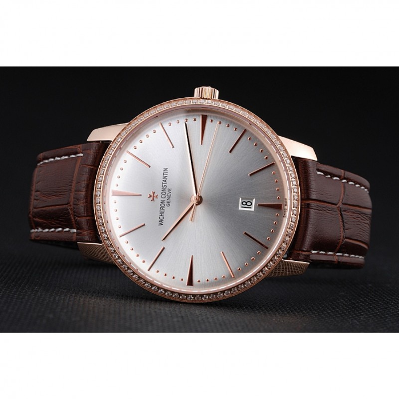 Swiss Vacheron Constantin Patrimony White Dial Rose Gold Diamonds Case Brown Leather Bracelet 1454170-3