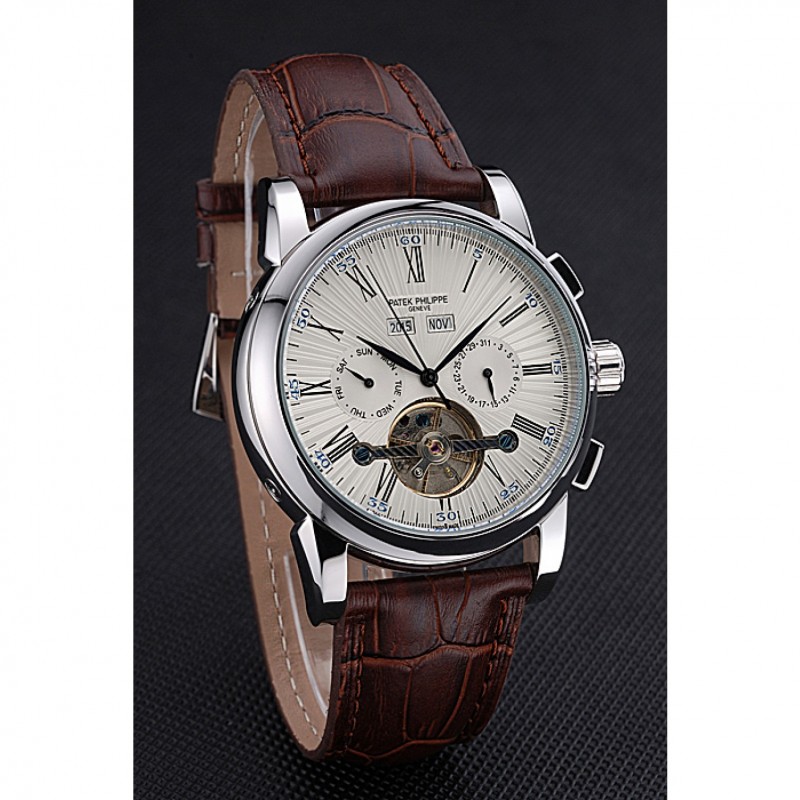 Patek Philippe Grand Complications Stainless Steel Case White Dial Roman Numerals Brown Leather Strap 622254-2