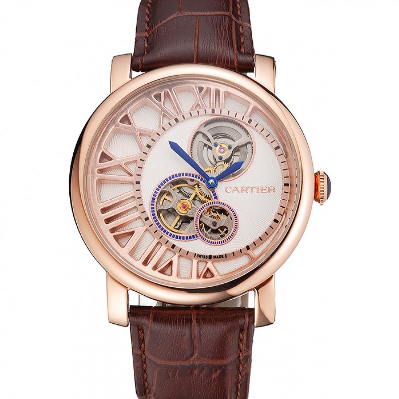 Cartier Rotonde De Cartier Flying Tourbillon White Dial Rose Gold Numerals Rose Gold Case Brown Leather Strap-0