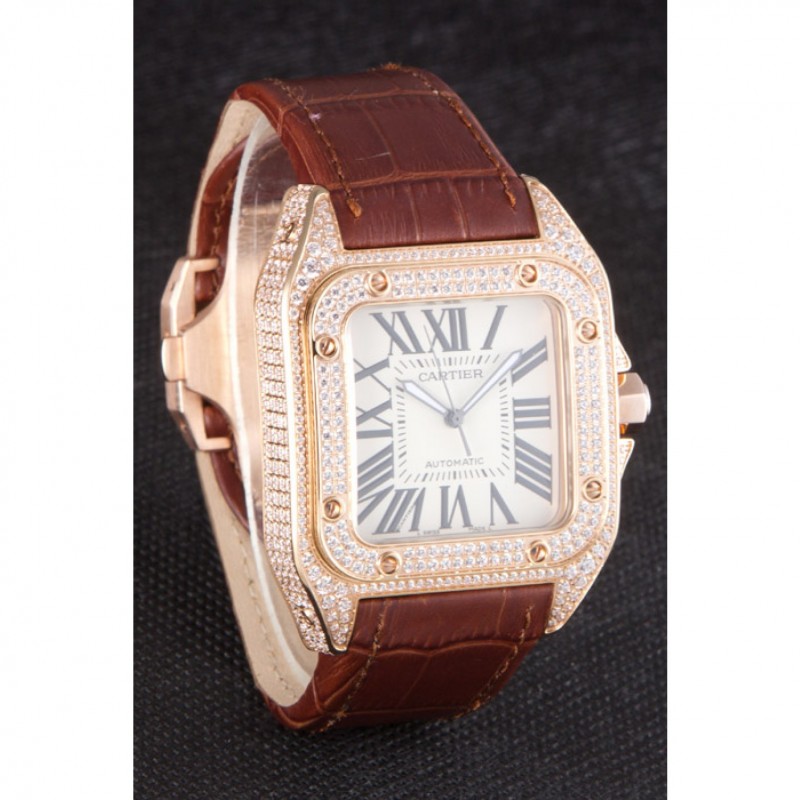 Swiss Cartier Santos Rose Gold Bezel with Diamonds and Brown Leather Strap sct46 621530-2