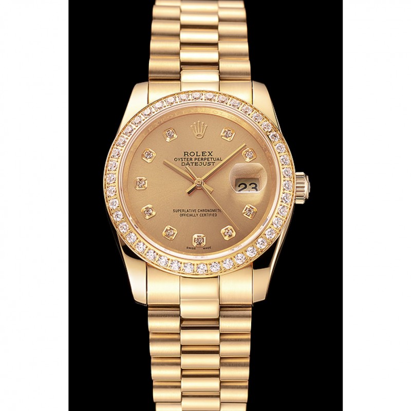 Swiss Rolex Datejust Champagne Dial Diamond Bezel Gold Bracelet 1454097-1