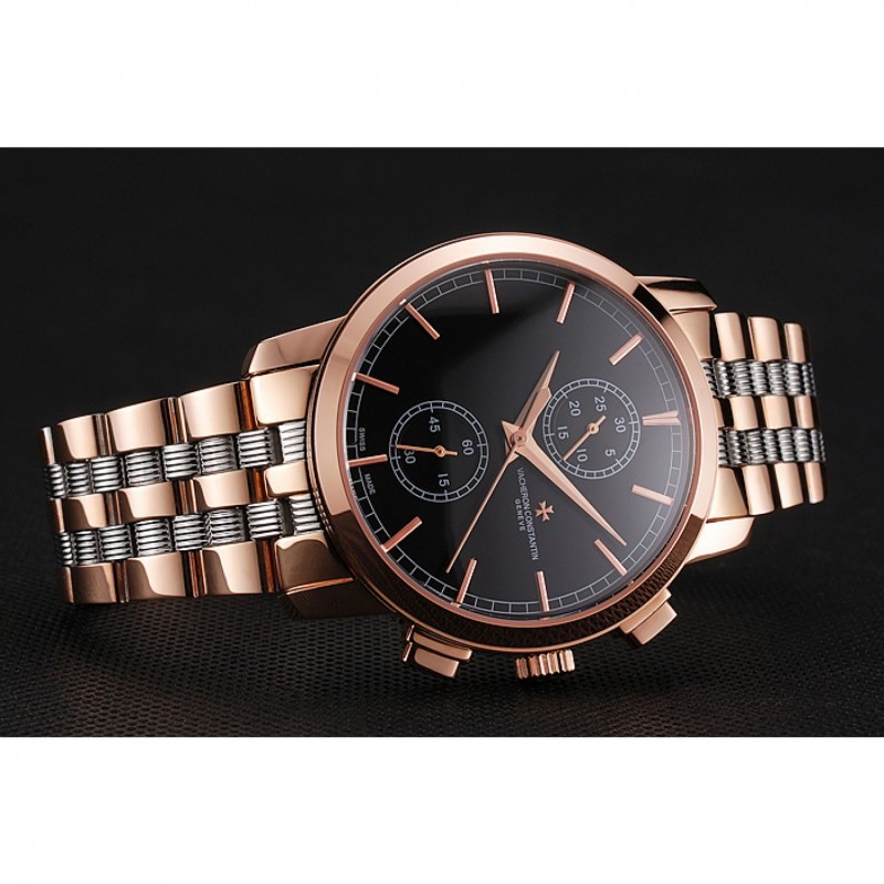 Swiss Vacheron Constantin Patrimony Traditionnelle Chronograph Black Dial Rose Gold Case Two Tone Bracelet 1453758-4