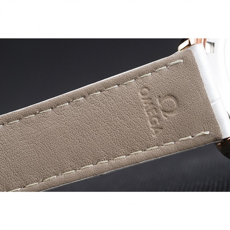 High Quality Replica Watches Omega DeVille Prestige White Dial Gold Diamond Case White Leather Bracelet 1454122-6