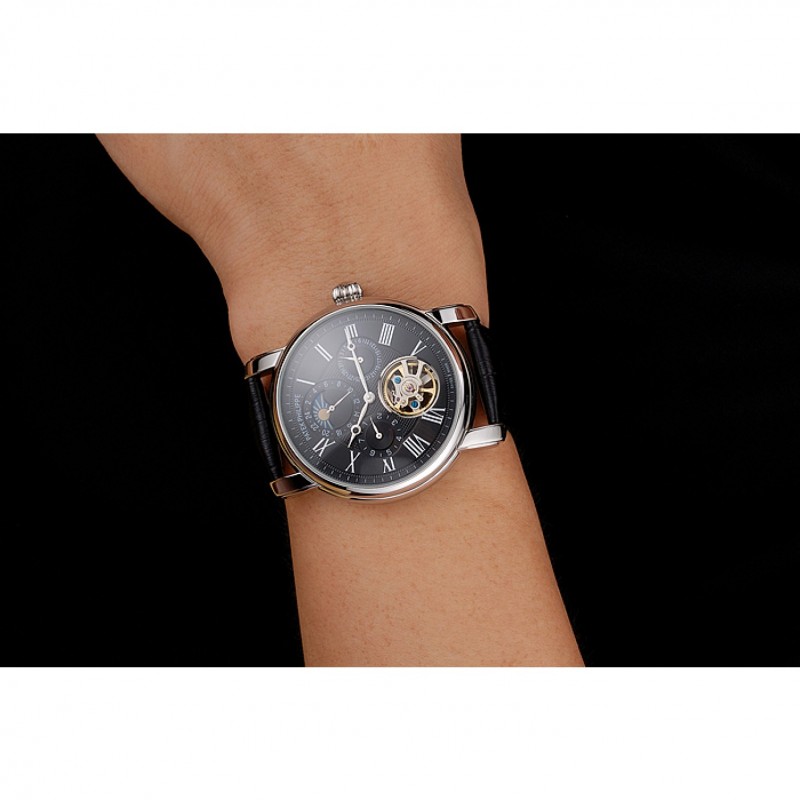 Patek Philippe Grand Complications Moonphase Perpetual Calendar Tourbillon Black Dial Stainless Steel Case Black Leather Strap-8