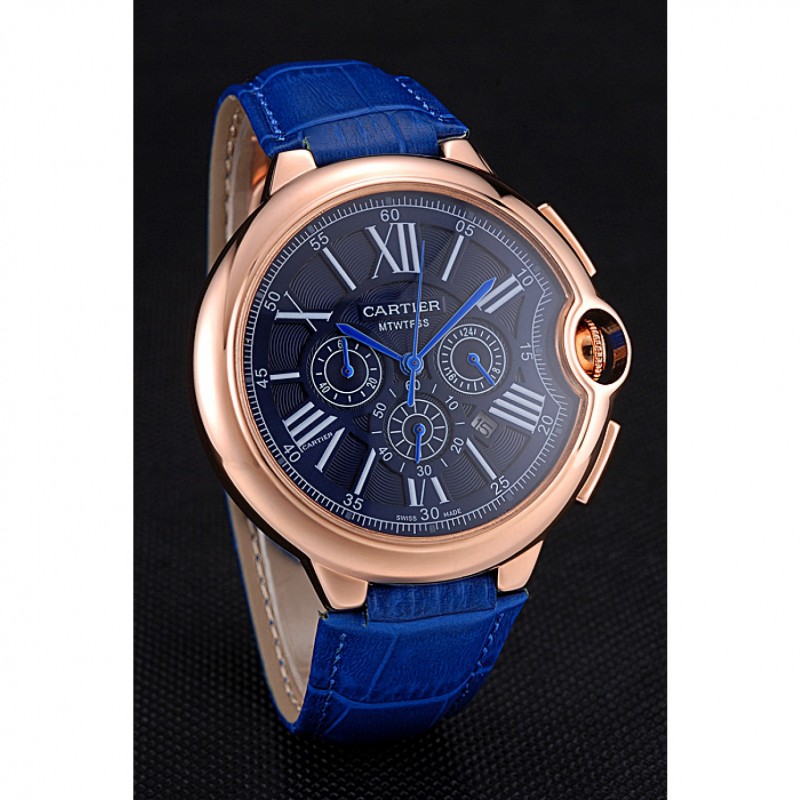 Cartier Ballon Bleu Blue Dial Gold Case Blue Leather Strap-2