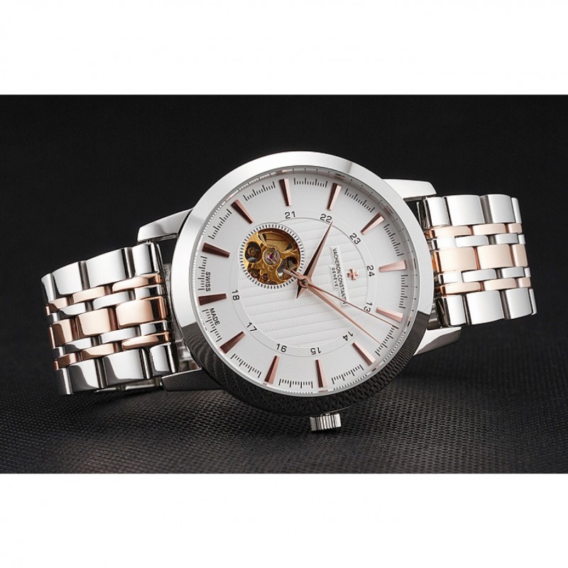 Cheap Vacheron Constantin Tourbillon White Dial Rose Gold Numerals Stainless Steel Case Two Tone Bracelet-4