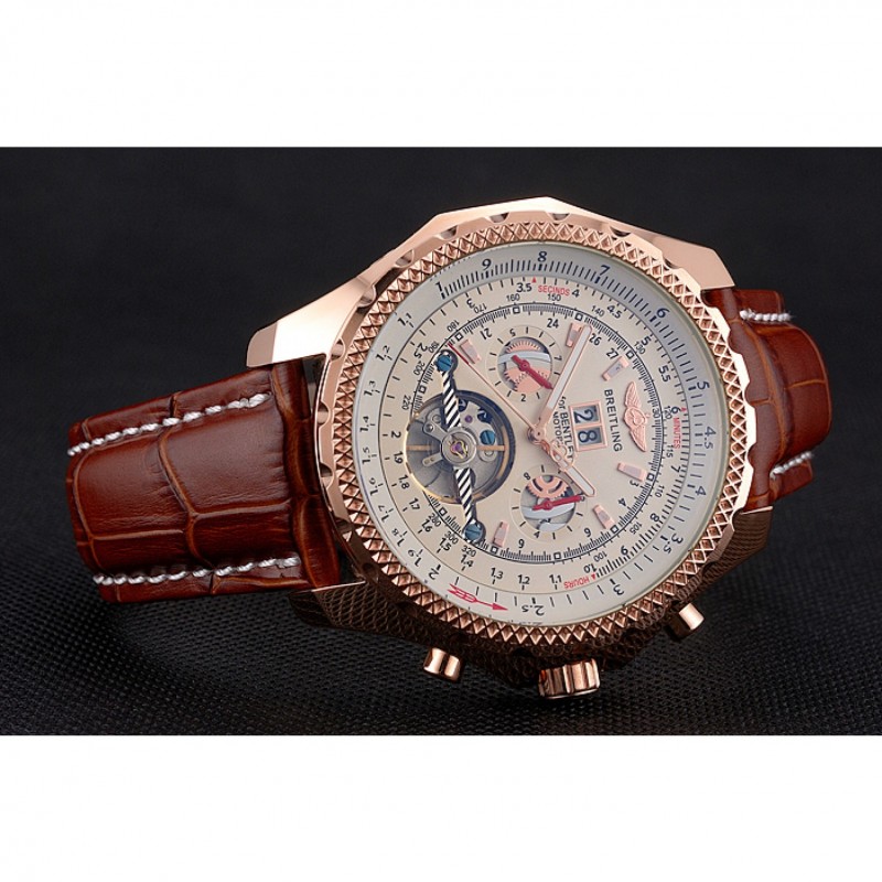 Breitling For Bentley Mulliner Tourbillon White Dial Rose Gold Case Brown Leather Strap-2