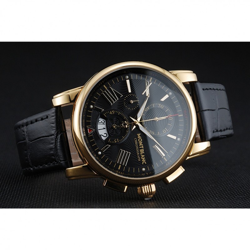 Montblanc Chronograph Black Dial Black Leather Bracelet Gold Case 1454112-3