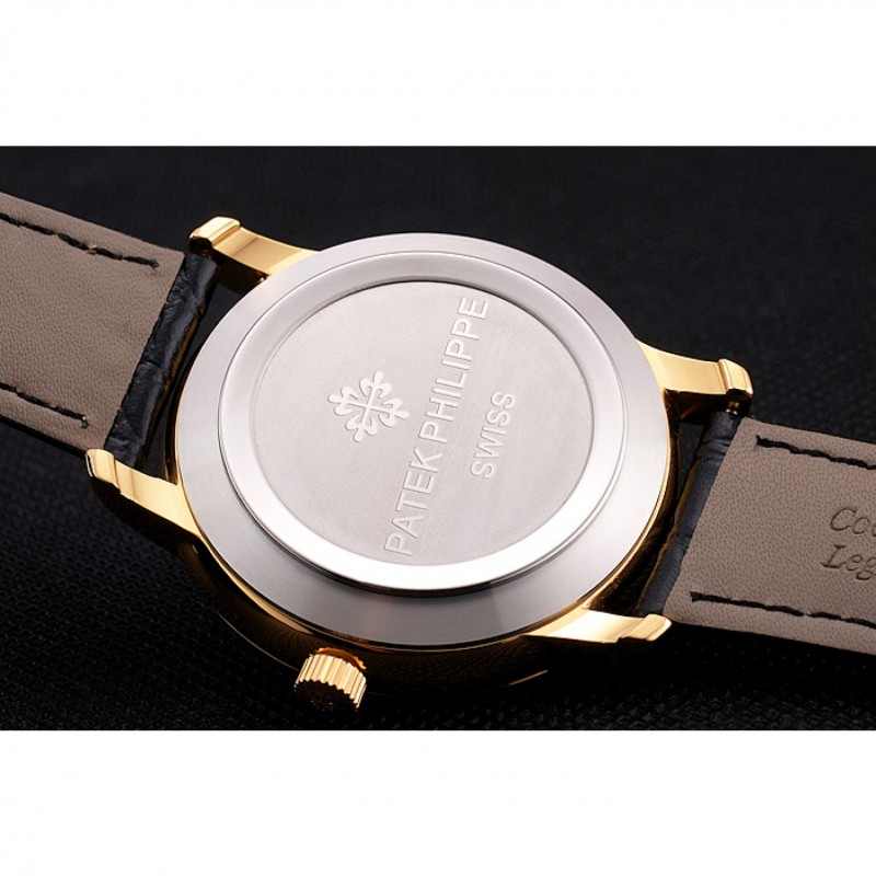 Patek Philippe Calatrava White Embossed Dial Gold Case Black Leather Strap-7