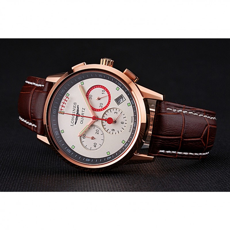 Luxury Replica Watches Longines Column Wheel White Dial Gold Case Brown Leather Strap-3
