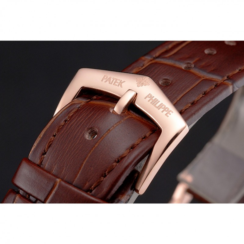 Patek Philippe Calatrava Rose Gold Dial Roman Numerals Ribbed Bezel Rose Gold Case Brown Leather Strap-5