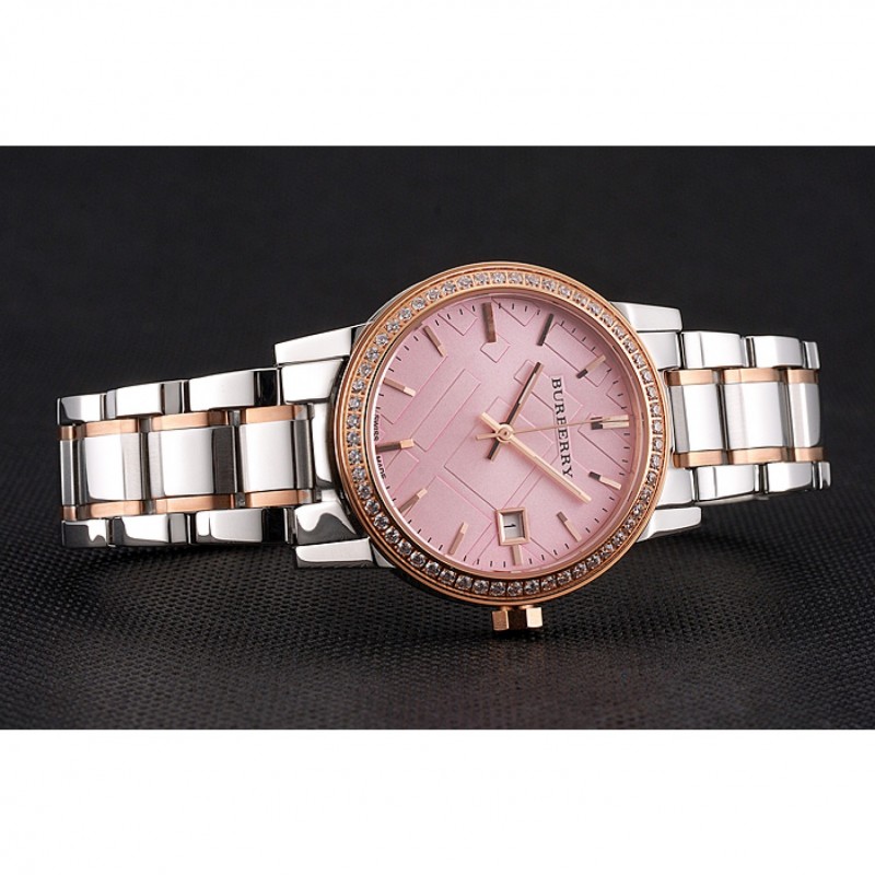 Cheap Burberry The City Pink Dial Rose Gold Diamond Bezel Stainless Steel Case Two Tone Bracelet-3