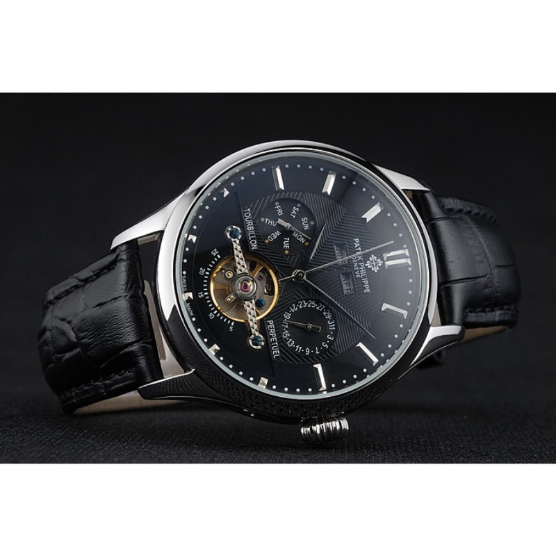 Cheap Replica Watches Patek Philippe Day Date Tourbillon Black Dial Stainless Steel Case Black Leather Strap 622839-3