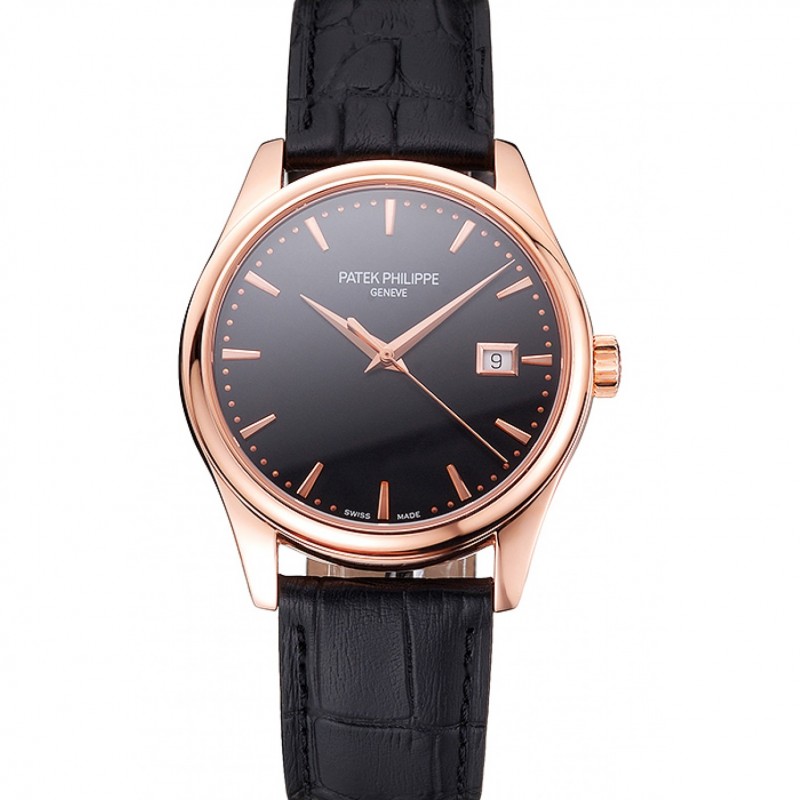 Swiss Patek Philippe Calatrava Black Dial Rose Gold Case Black Leather Strap-0