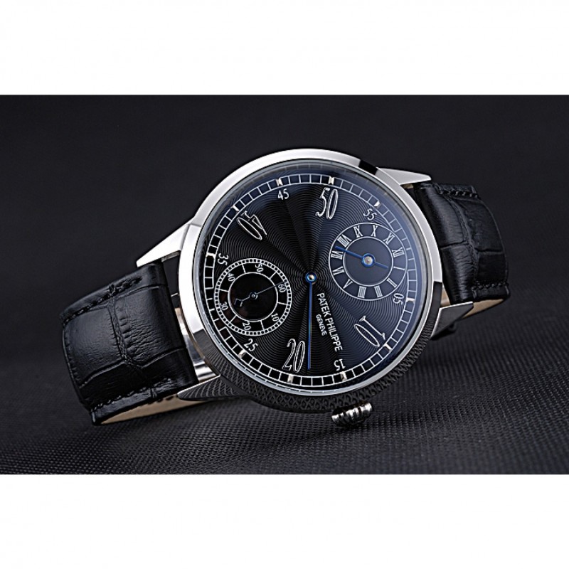 Patek Philippe Geneve Two Dial Black Dial Stainless Steel Bezel Black Leather Band 622145-3