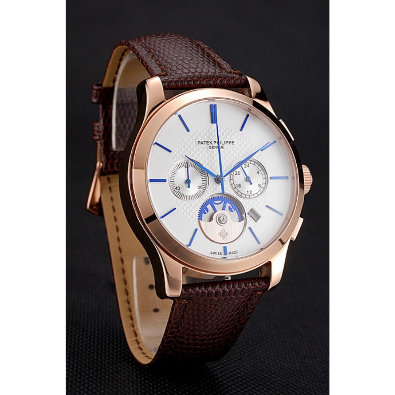 Patek Philippe Chronograph White Dial Rose Gold Case Brown Leather Strap-2