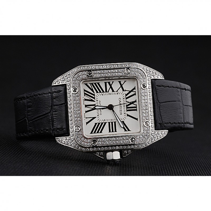 Swiss Cartier Santos Dumont Diamond Case White Dial Roman Numerals Black Leather Bracelet 622652-3