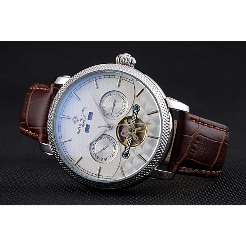 Patek Philippe Day Date Tourbillon White Dial Stainless Steel Case Embossed Bezel Brown Leather Strap 622837-3