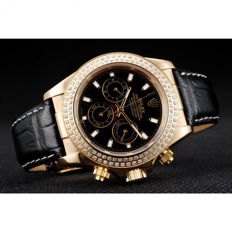 Rolex Daytona Gold Case Crystal Studded Bezel Black Dial-3