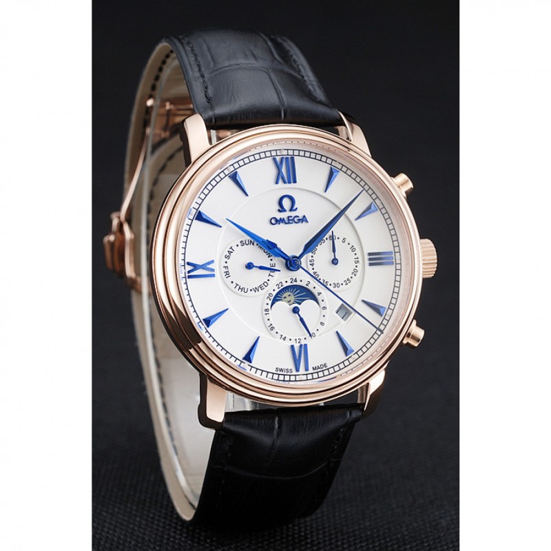 Best Replica Watches Omega De Ville Moonphase White Dial Rose Gold Case Black Leather Bracelet 1454227-2