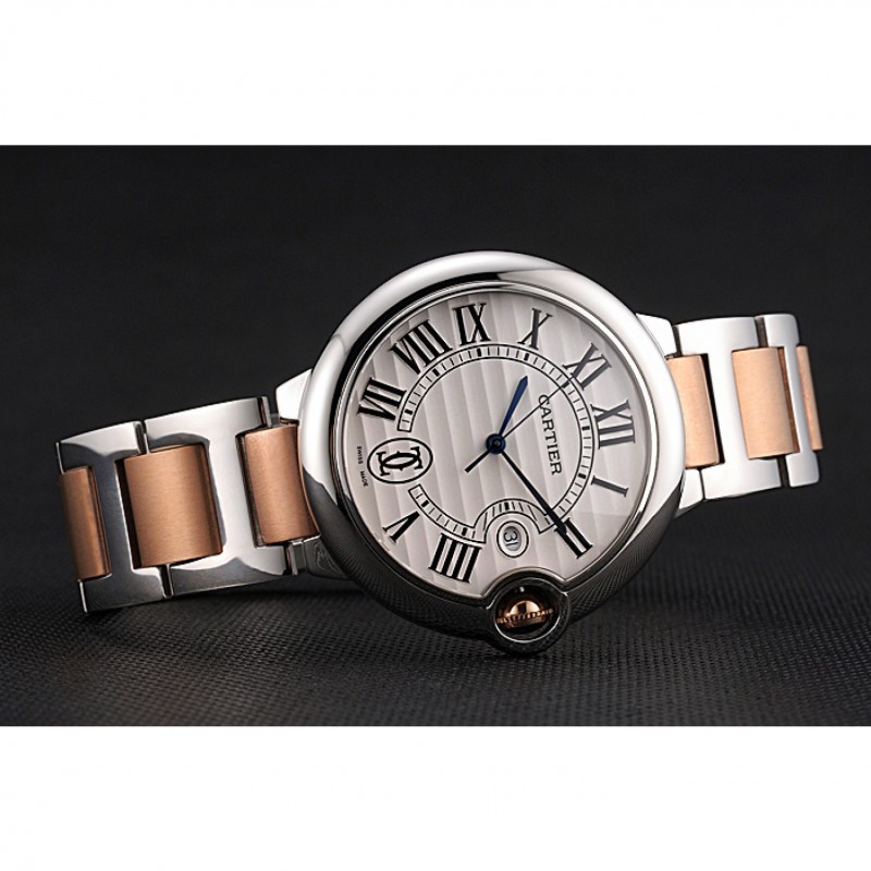 Swiss Ballon Blue De Cartier Steel Case White Dial Roman Numerals Two Tone Bracelet 622646-3
