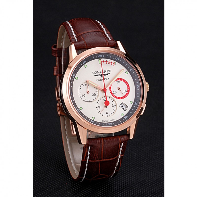 Luxury Replica Watches Longines Column Wheel White Dial Gold Case Brown Leather Strap-2