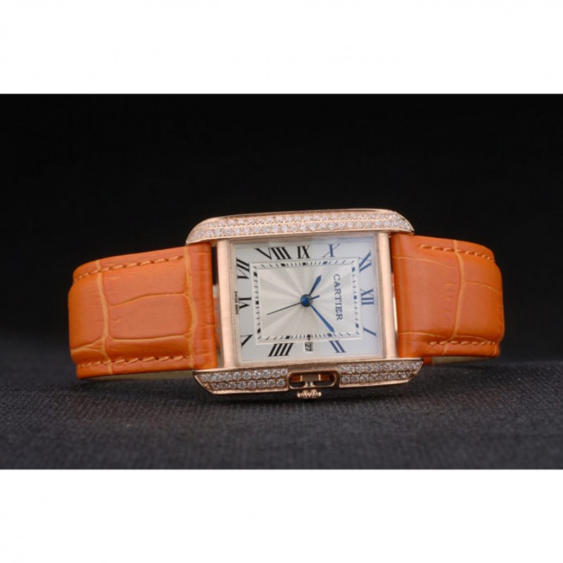 Cartier Tank Anglaise 30mm White Dial Diamonds Gold Case Orange Leather Bracelet-3