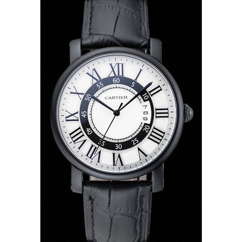 Cartier Rotonde White And Black Dial Black Case Black Leather Bracelet 1454219-1