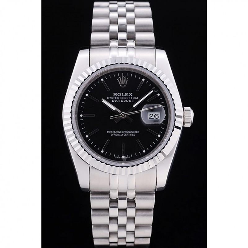 SS Replica Watches Rolex Datejust Black Dial Diamonds Ribbed Bezel 7456-1