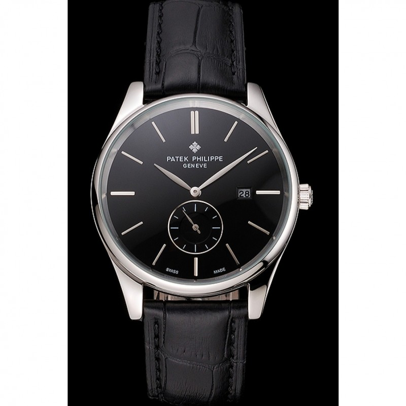 Best Replica Watches Patek Philippe Calatrava Date Black Dial Stainless Steel Case Black Leather Strap-1