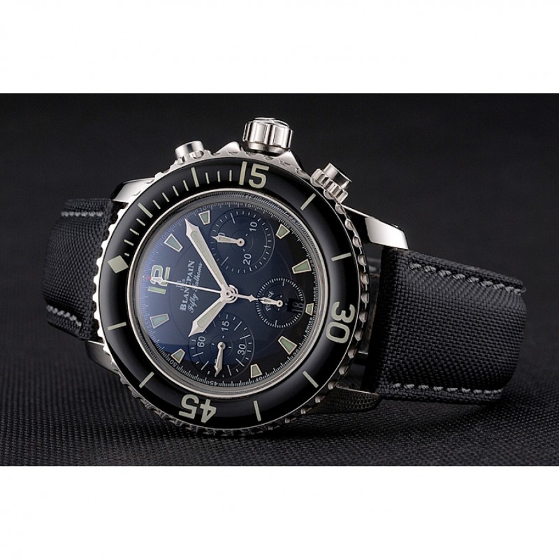 Cheap Replica Watches Swiss Blancpain Fifty Fathoms Flyback Chronograph Black Dial Black Bezel Stainless Steel Case Black Canvas Strap-4