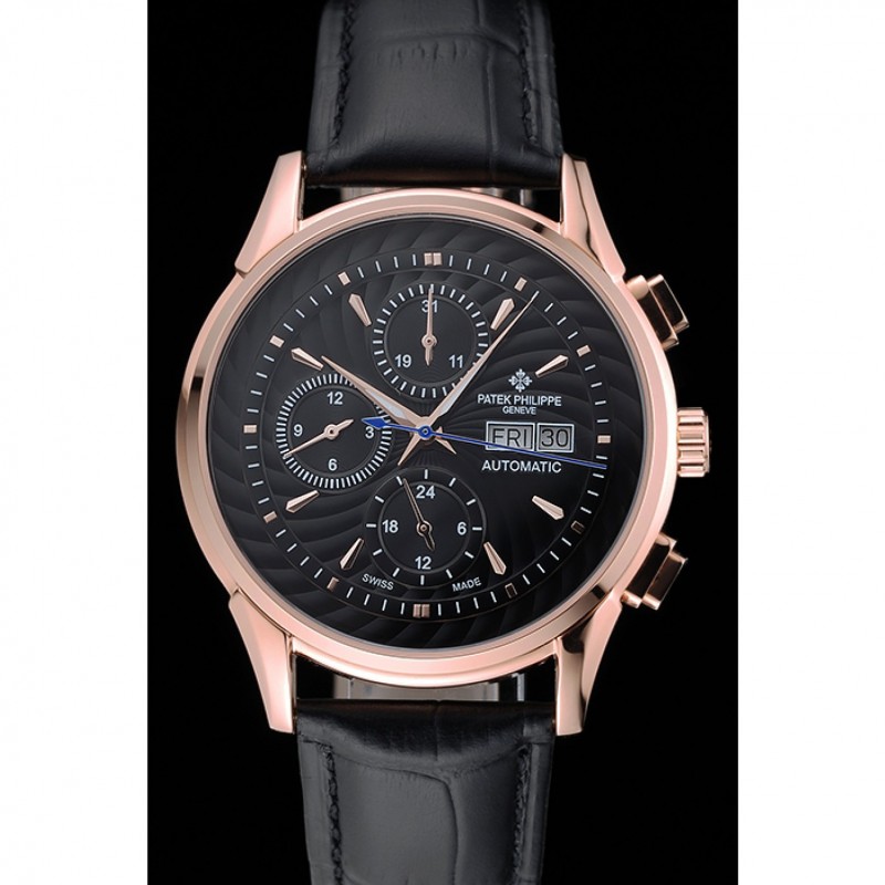 Patek Philippe Grand Complications Black Dial Gold Case Black Leather Bracelet 1454238-1