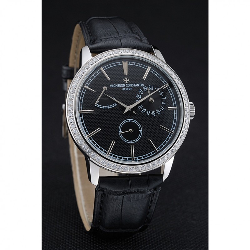 Vacheron Constantin Patrimony Power Reserve Black Dial Silver Diamond Case Black Leather Bracelet 1454267-2