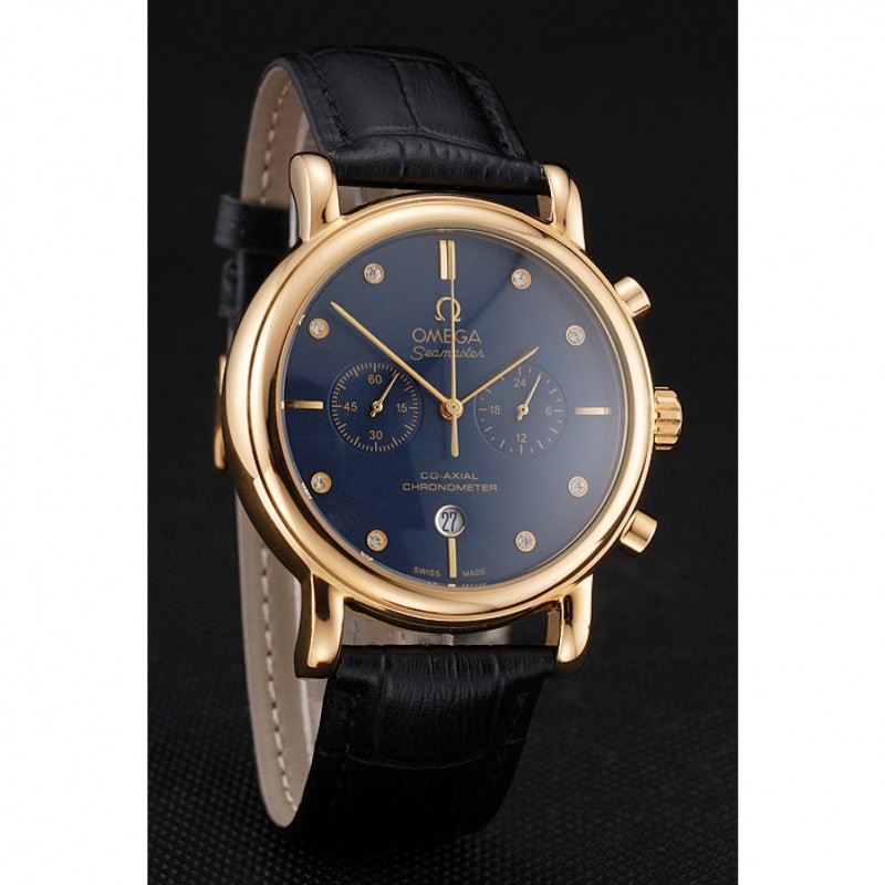 Omega Seamaster Vintage Chronograph Blue Dial Diamond Hour Marks Gold Case Black Leather Strap-2