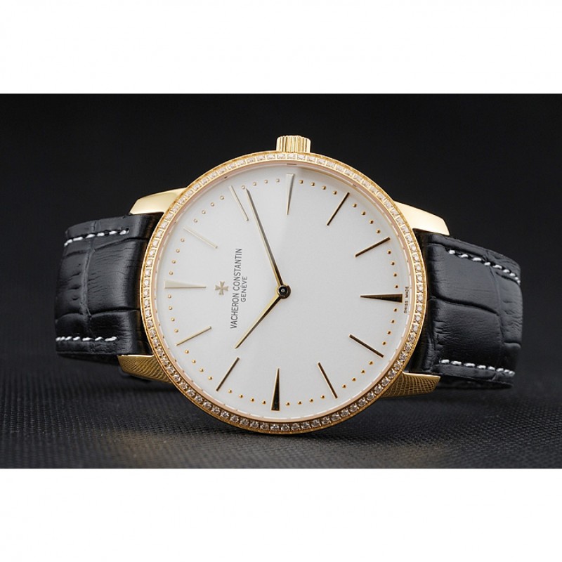 Swiss Vacheron Constantin Patrimony Grand Taille White Dial Gold Diamond Case Black Leather Bracelet 1454181-3