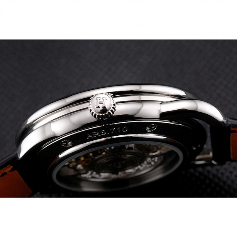 Swiss Hermes Arceau Skeleton Black Dial Blue Hands Stainless Steel Case Black Leather Strap-8