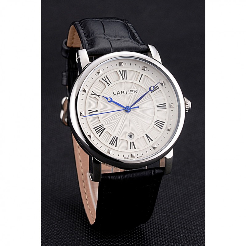 Cartier Rotonde Date White Dial Stainless Steel Case Black Leather Strap-2