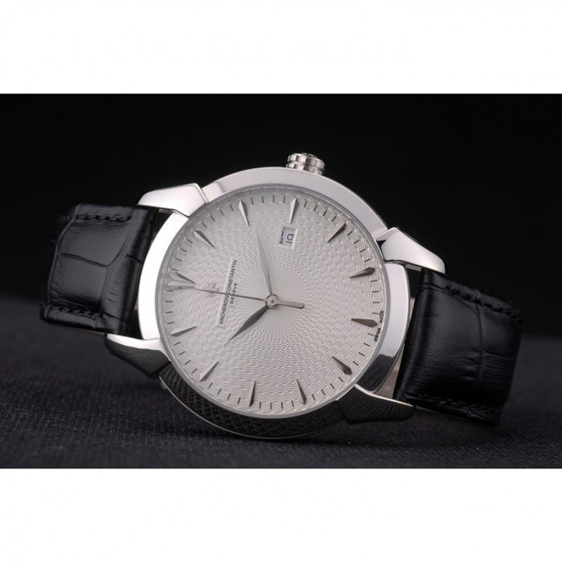 Swiss Vacheron Constantin Traditionnelle White Dial Stainless Steel Case Black Leather Bracelet-4