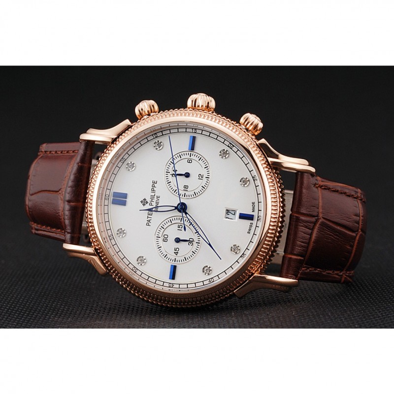 Best Patek Philippe Chronograph White Dial With Blue And Diamond Markings Rose Gold Case Brown Leather Strap-3