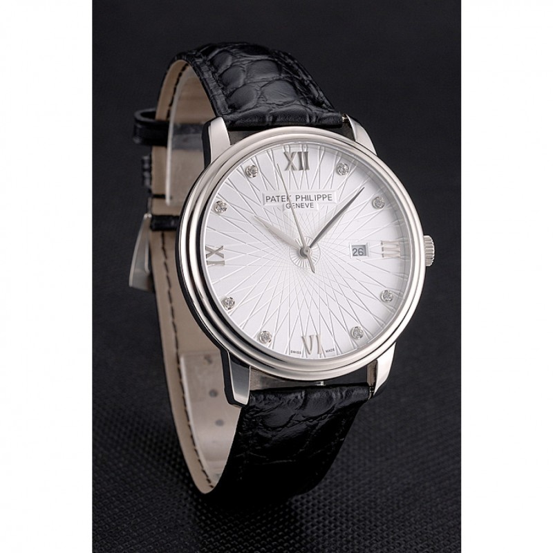 High End Patek Philippe Calatrava Date White Embossed Dial Stainless Steel Case Black Leather Strap-2