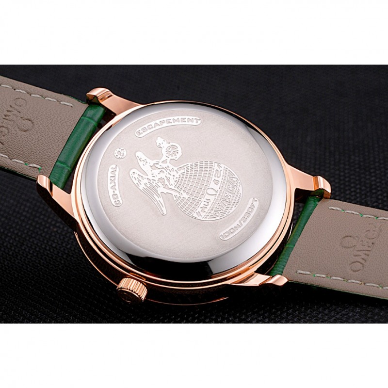 SS Replica Watches Omega DeVille Prestige Co-Axial Diamond Gold Case Mother-Of-Pearl Dial Green Leather Strap-8